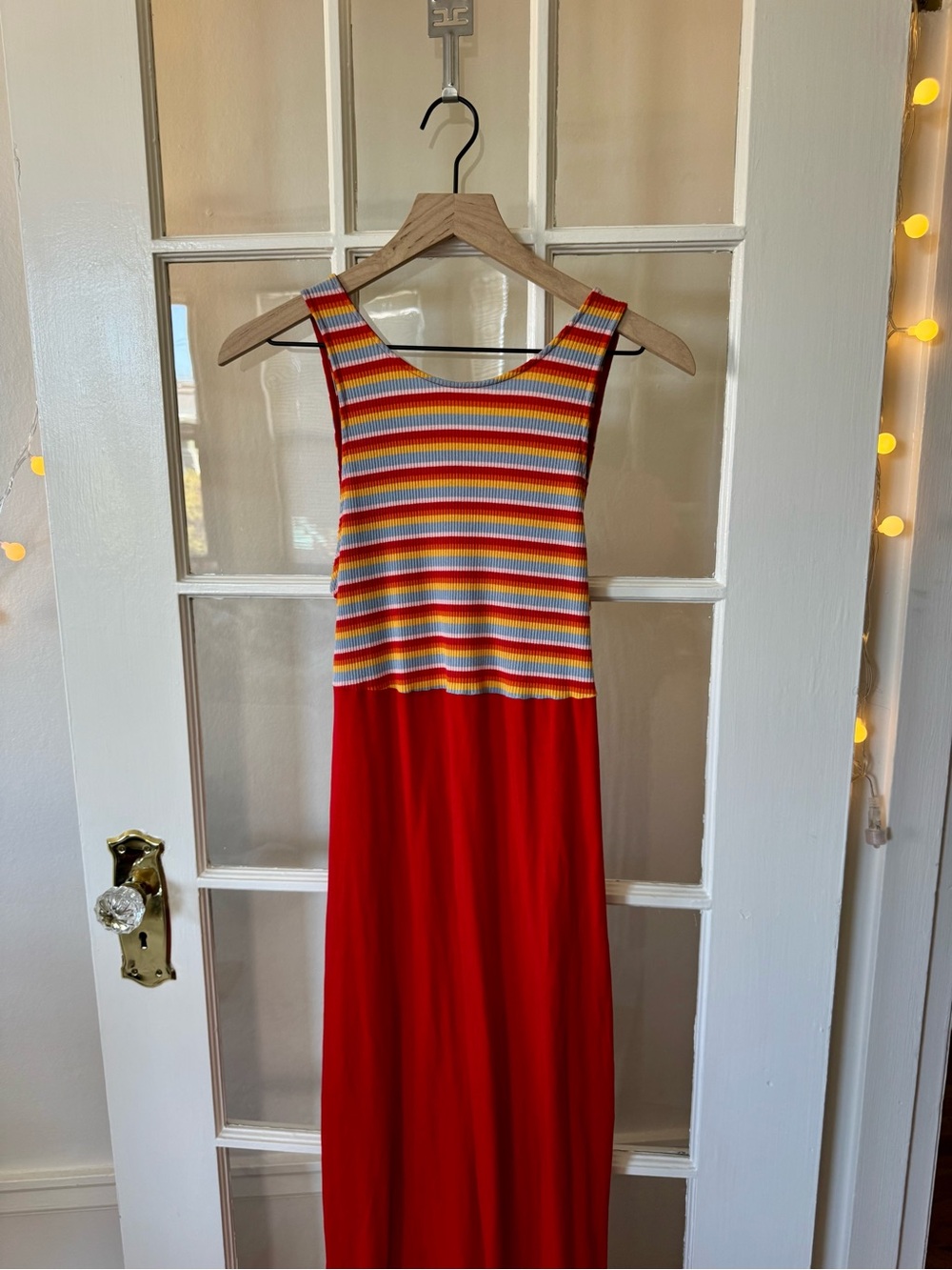 Zara Backless Bright Maxi Dress - Red w Multicolor Striped Bodice